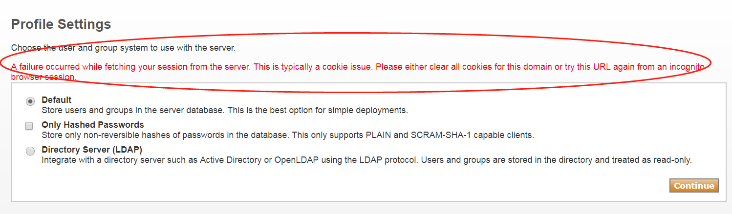 A failure occurred while fetching your session from the server. This is typically a cookie issue. Please either clear all cookies for this domain or try this URL again from an incognito browser session.